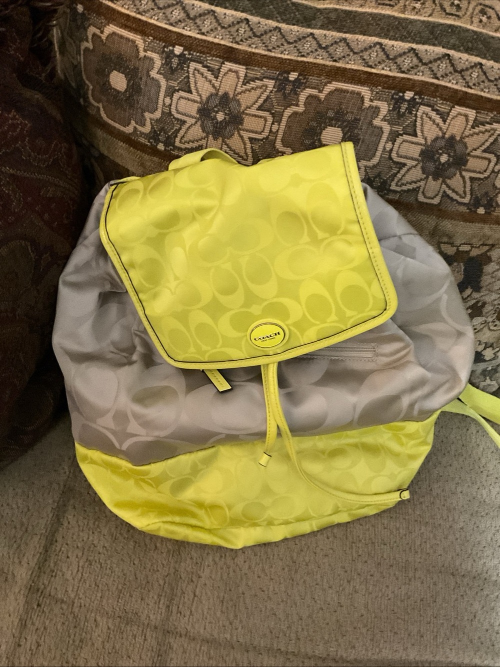 Coach Neon Yellow and Light Gray  nylon purse Signature Drawstring Backpack new